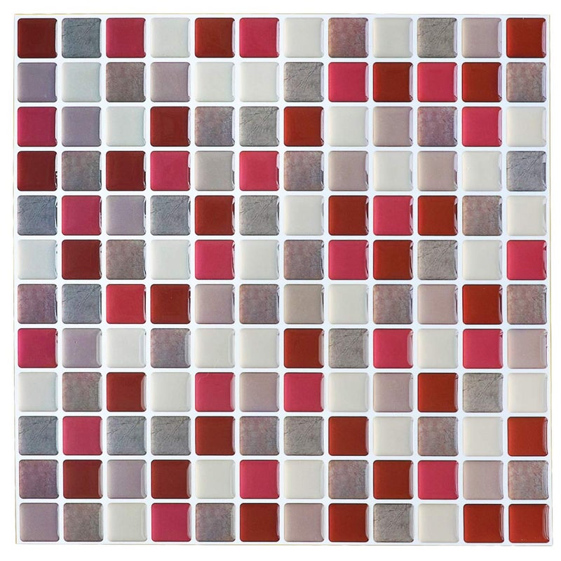 Yoillione 3D Mosaic Tile Sticker Removable Wallpaper Tile Red, 3D Self Adhesive Wall Tiles Bathroom Wall Tiles for Kitchen Backsplash Red, PVC Square Decorative Vinyl Decals, 4 Sheets - Image 1